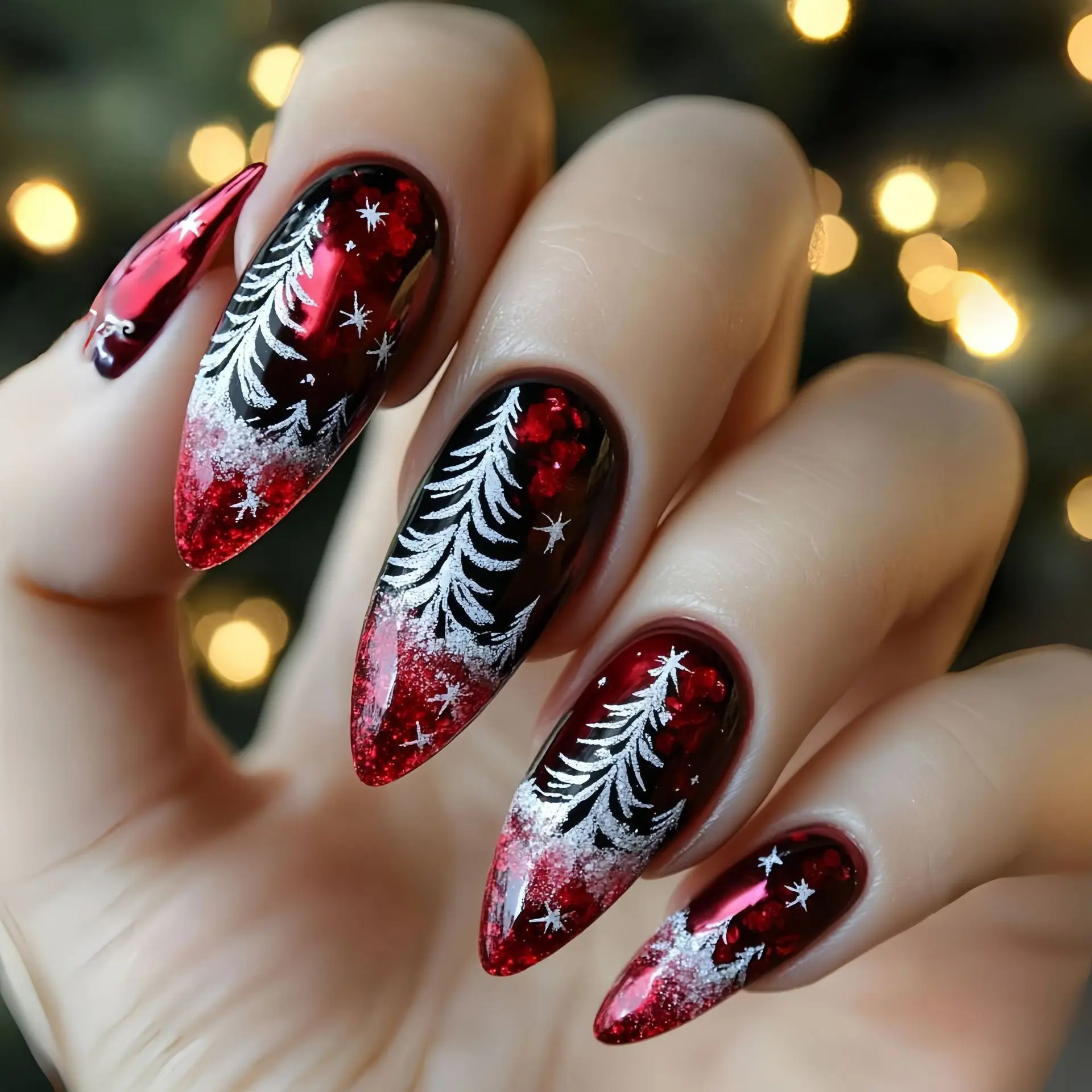 24 stuks sneeuwvlok glanzend poeder groen volledige dekking nagels tips kunst rood fruit nep nagel middellange amandel herbruikbare druk op kunstnagels