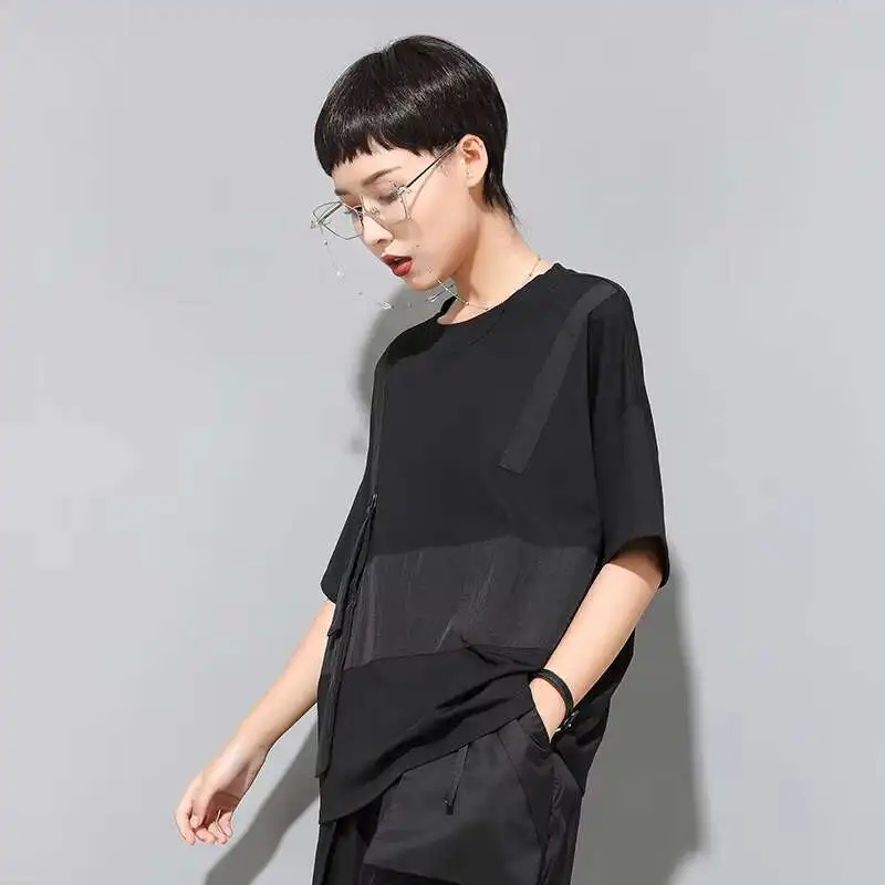 Ladies Short Sleeve Summer New Classic Black Personality Stitching Round Collar Loose Street Large Neutral Short Sleeve