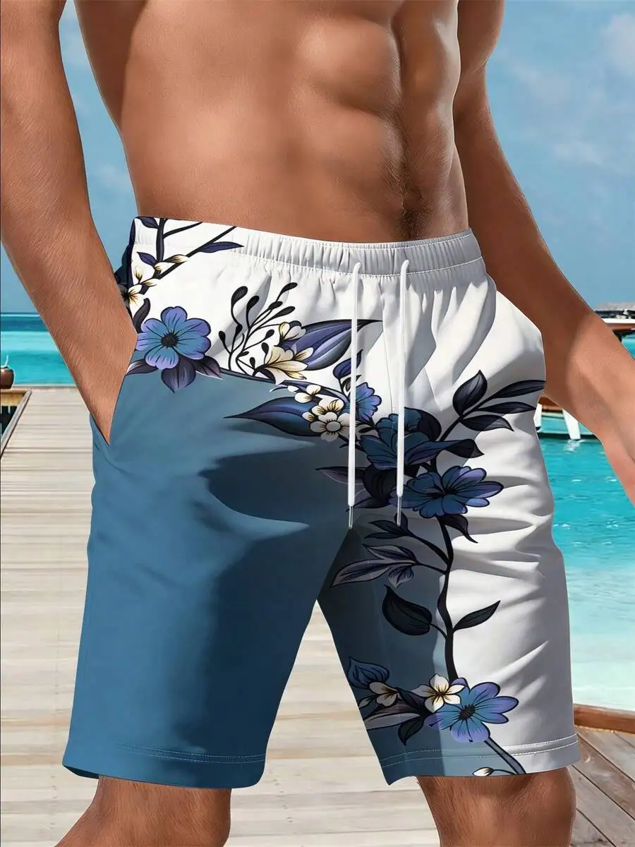

Mens Beach Shorts With 3D Blue Floral Print Casual Summer Vacation Swim Trunks