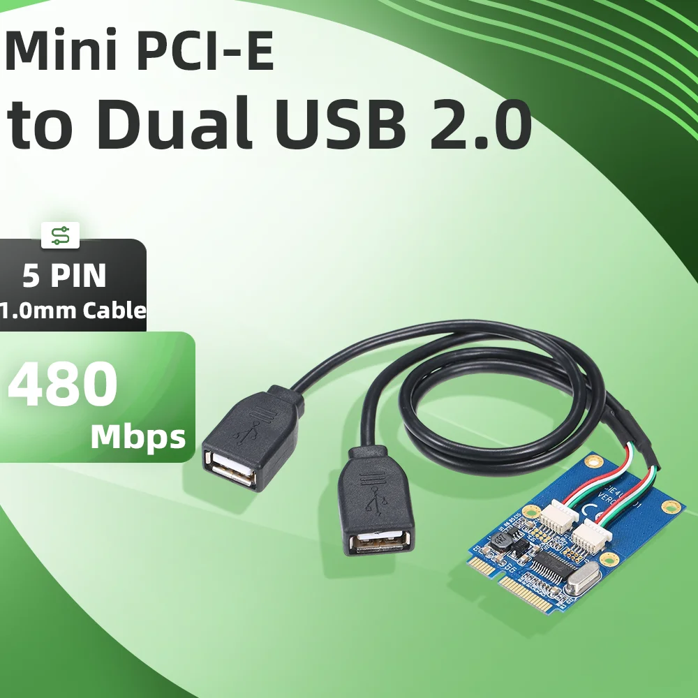 Mini PCI-E to Dual USB 2.0 Adapter Card Laptop Mainboard MPCIe to 2 Ports USB2.0 Expansion Card Converter Board