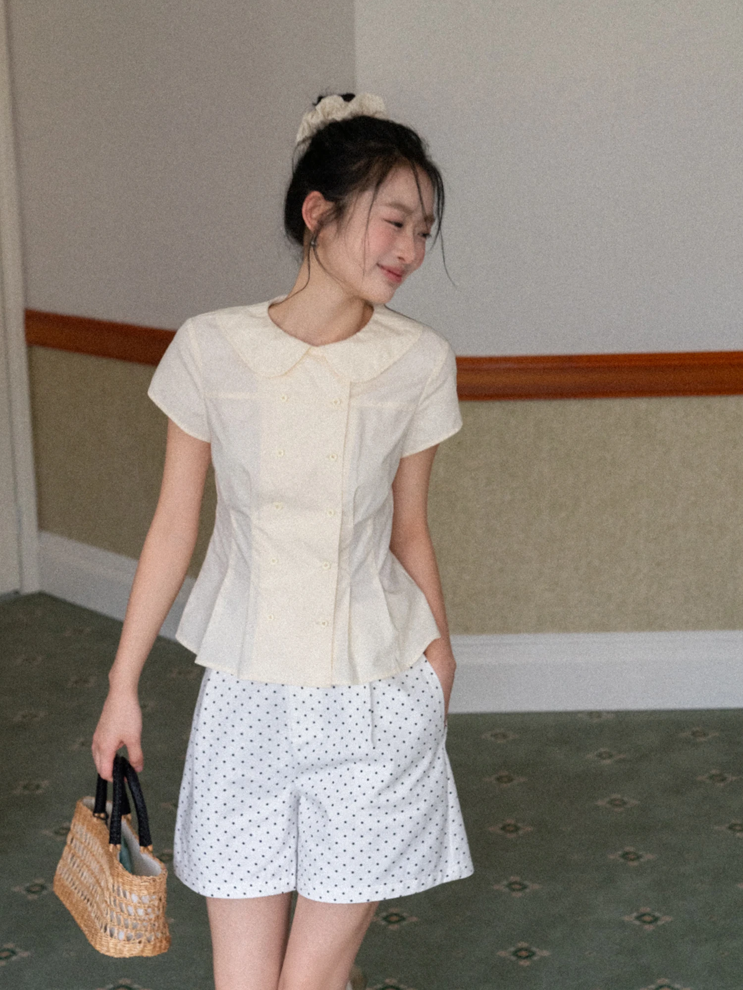 

EGGKA Sweet Style Short Sleeve Open Cardigan Women's Shirt Waist Cinching Flip Collar Breathable Nylon Cotton Blend Casual Wear