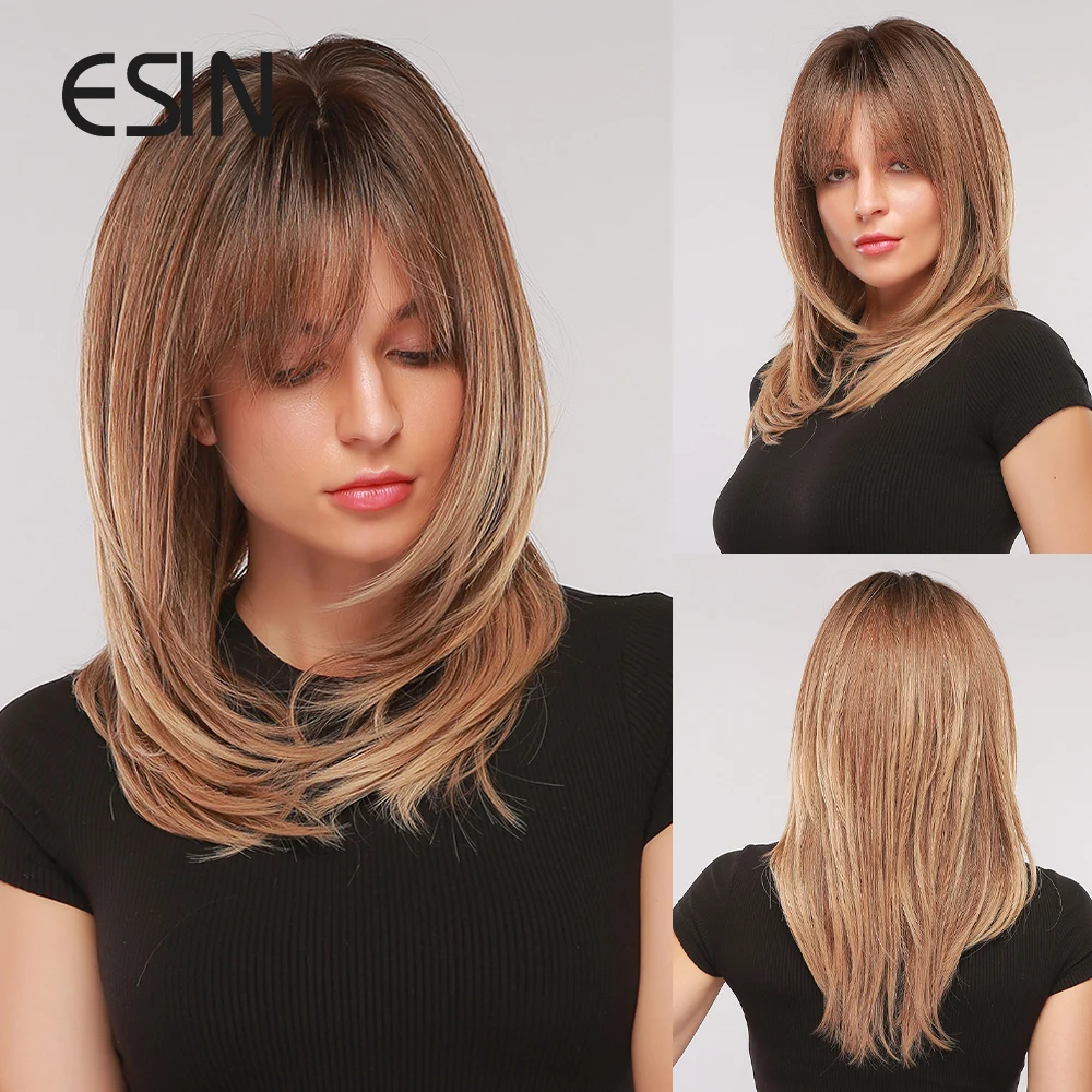 Коричневый синтетический парик Средней длины Прямые волосы с восьмифигурной челкой Натуральные имитационные волосы Легкий дышащий полный чехол на голову