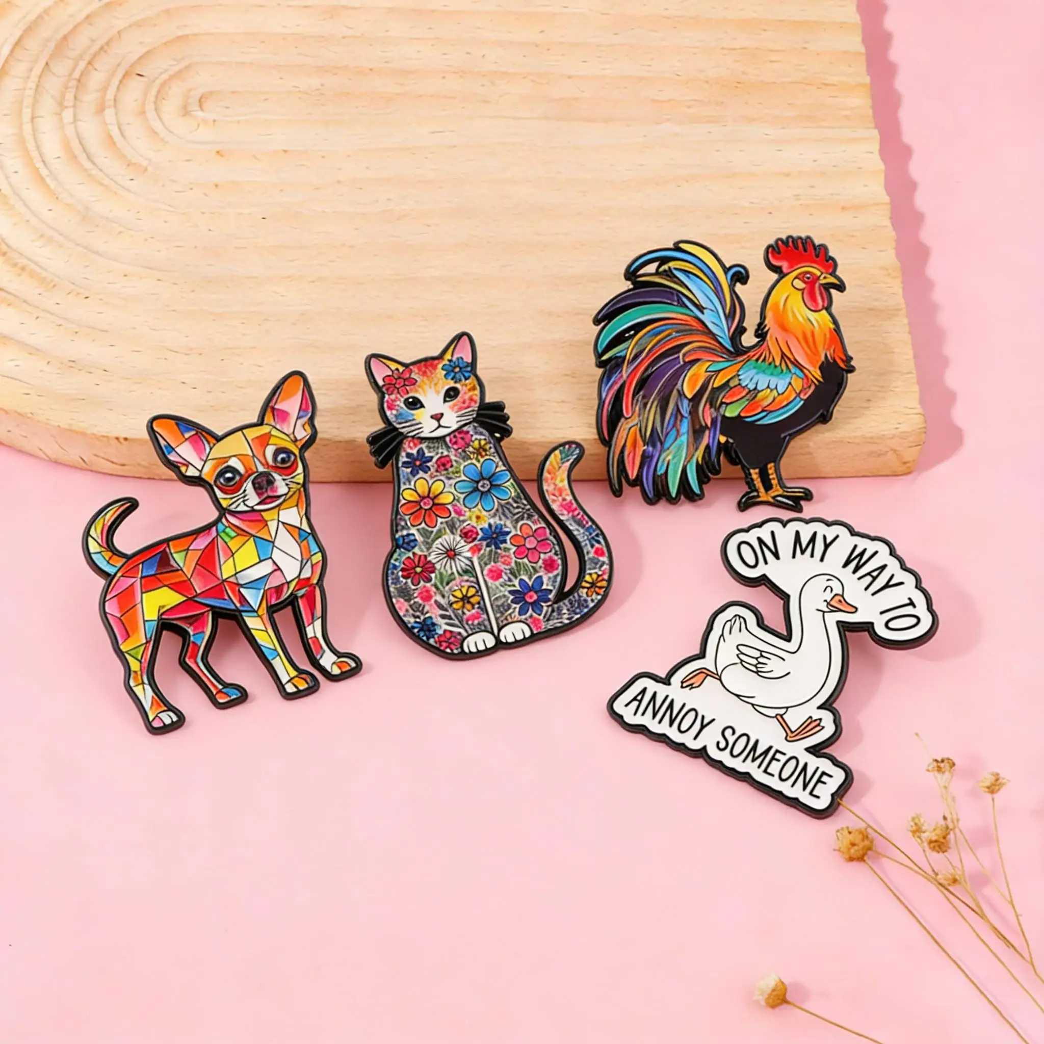 Bunte Hunde-Emaille-Anstecknadel, Cartoon-Hahn-Brosche für Mäntel, niedliche Blumen-Katzen-Broschen, modische Reversnadeln, Schmuckgeschenk für Freunde