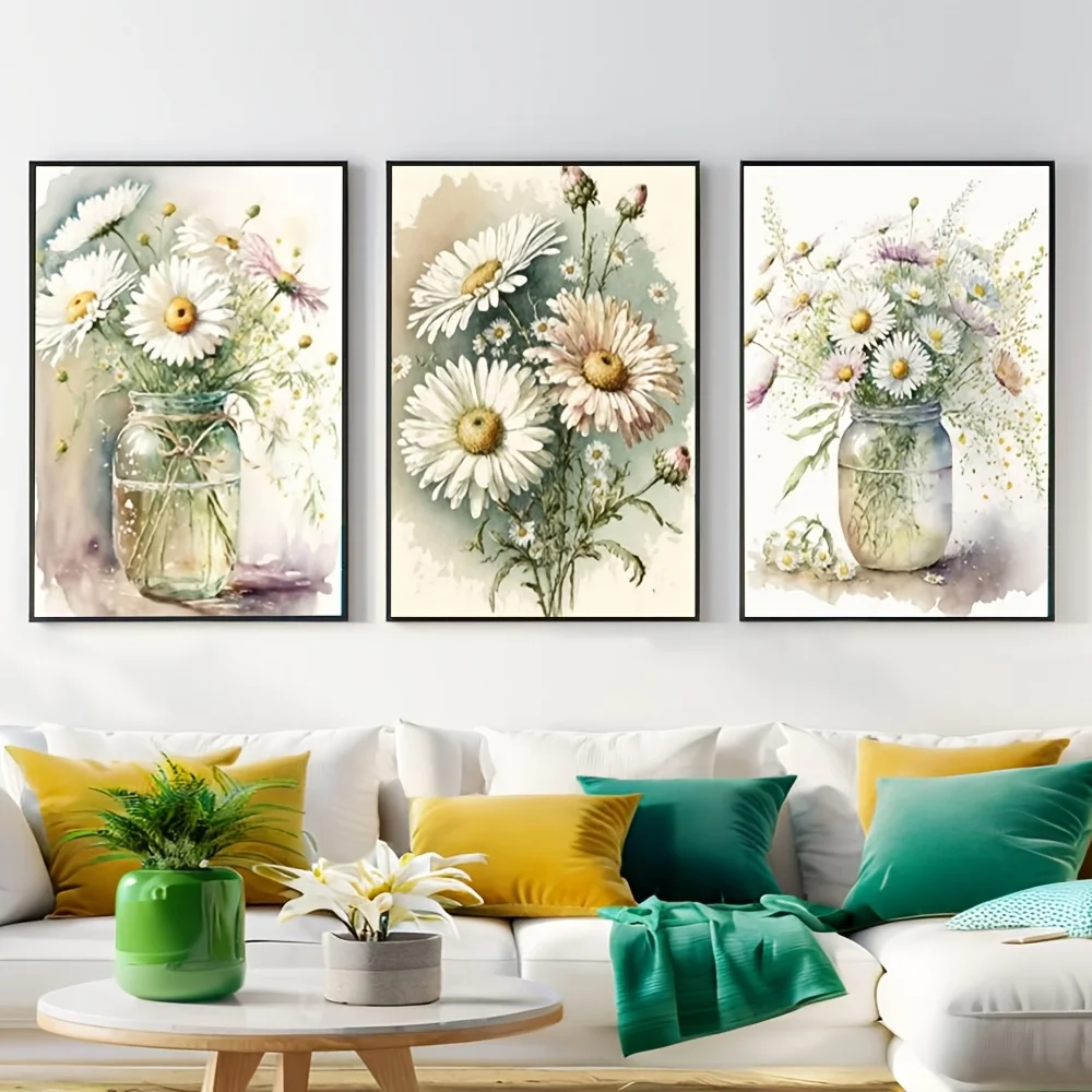 2D Flat, 2D Flat, Set of 3 Unframed Prints Featuring White Daisies in a Shabby Chic Vase, Perfect for Country-Style Home Deco