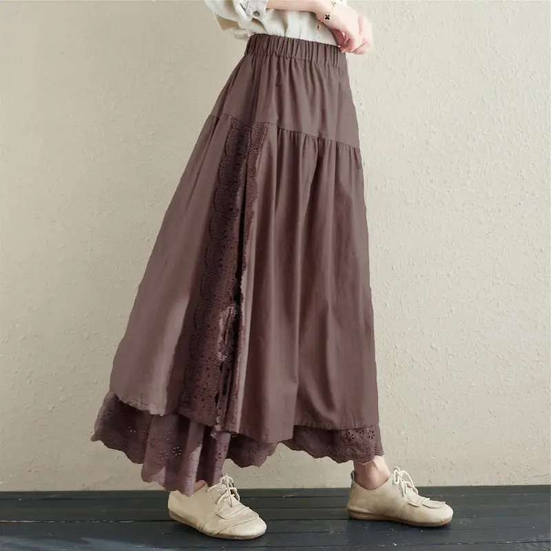 Women\'s Vintage Embroidery Lace Cotton Linen Skirt Loose Skirts for Lady