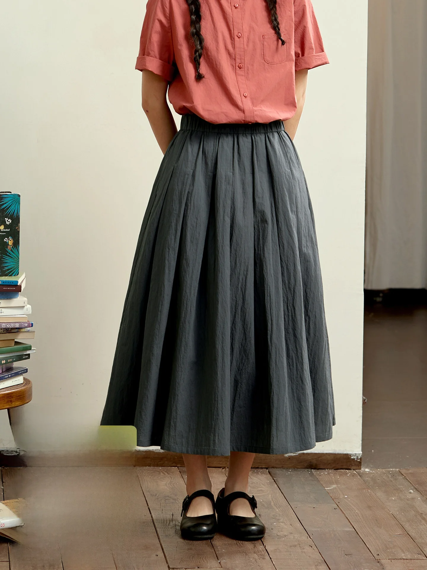 

Grey Casual Elastic Waist A-Line Skirt Women's Summer Versatile Loose Fit Pleated High Waist Nylon Cotton Blend Skirt