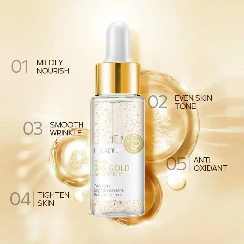 24k Gold Snail Mucin Essence Anti Aging Serum 30ml Hydrating Brightening Dull Skin Treatment Wrinkle Reduction Facial Care