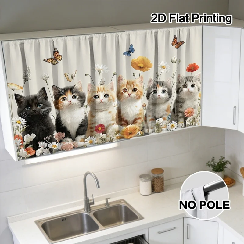 VIKAMA Spring Cats Wildflowers Kitchen Cabinet Curtains Dustproof No Drill Velcro Polyester Cover for Cupboard Wardrobe Decor