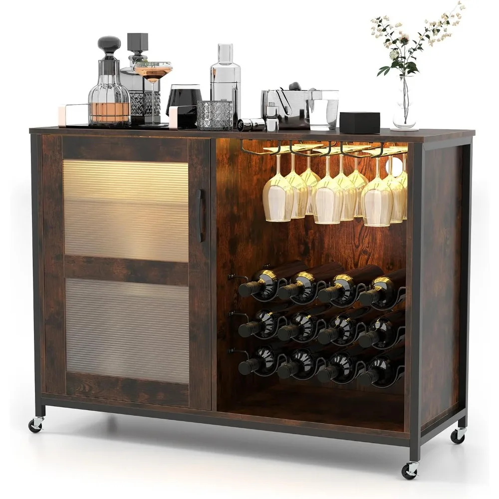 Weinbarschrank auf Rollen, Spirituosenbuffet-Sideboard mit LED-Leuchten, Ablageflächen, Glashalter und Weinregale, industriell