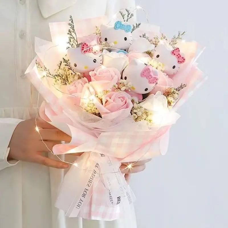 Sanrio Hellokitty Kawaii Plush Stuffed Doll Bouquet Cute Soap Flower Rose Flower Cartoon Bouquet Valentine Day Birthday Girl Gif