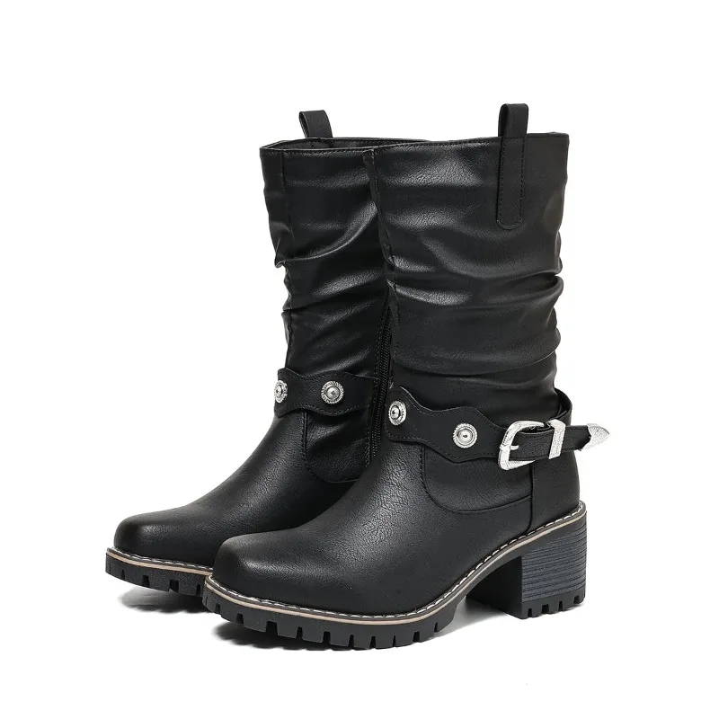 Women Black Thick Heel Mid Calf Knight Boots Large Size Thick Sole Over The Ankle High Heel Boots Autumn Winter Daily Footwear