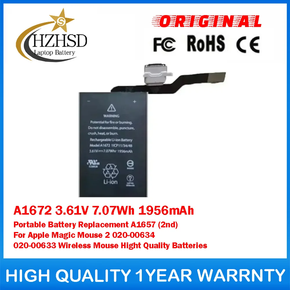 A1672 3.61V 7.07Wh 1956mAh Portable Battery Replacement A1657 (2nd) For Apple Magic Mouse 2 020-00634 020-00633 Wireless Mouse