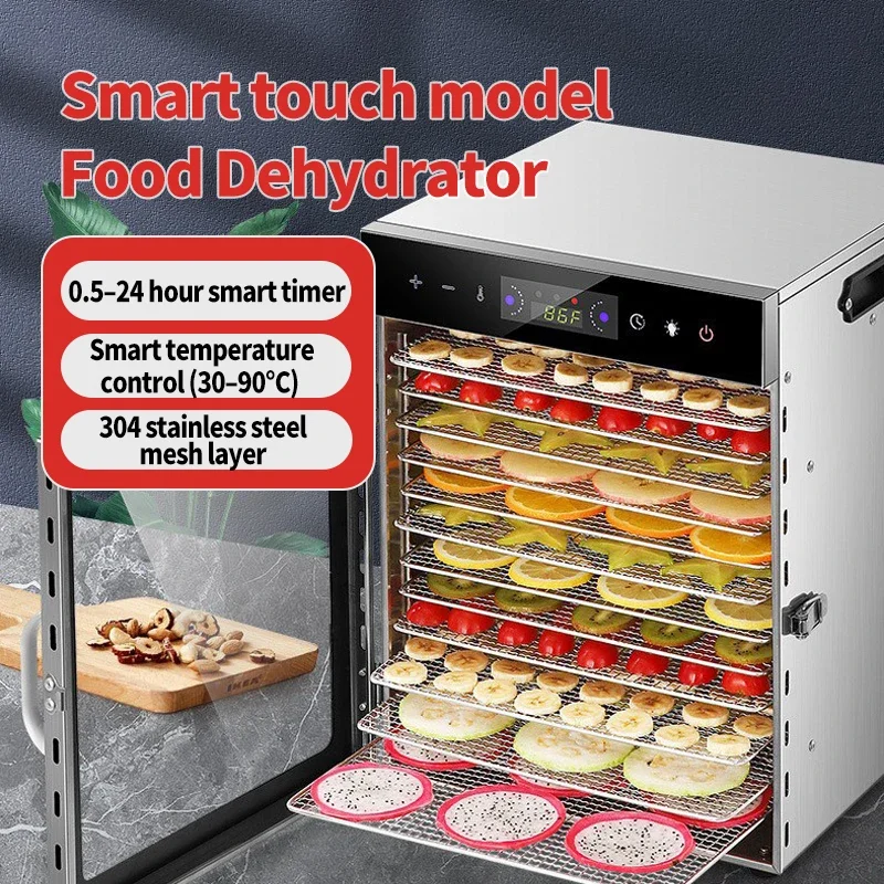 110V/220V,12-layer food dehydrator,Smart touch control,Smart timer with thermostatic control,304 stainless steel mesh layer