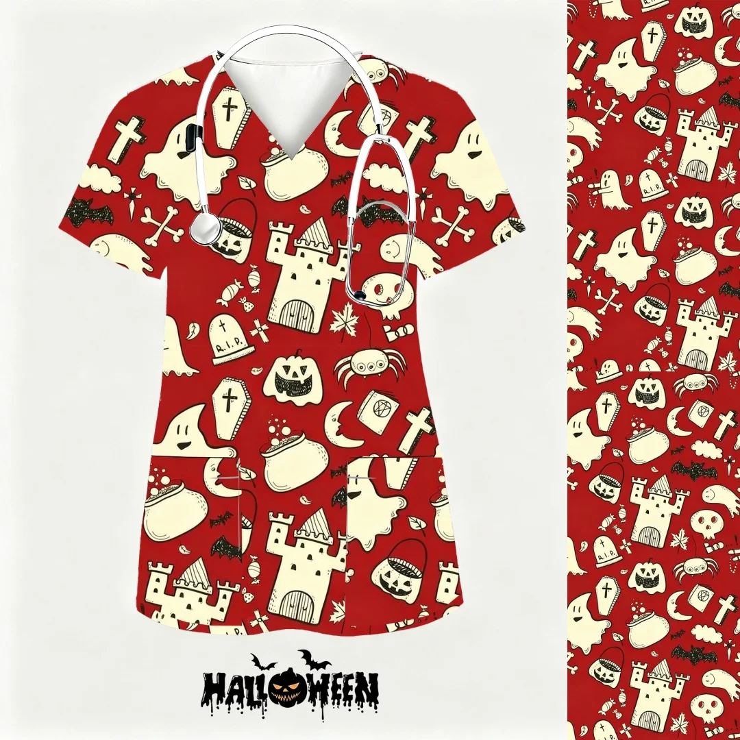 Uniforme clínico feminino halloween abóbora padrão impressão uniformes médicos mulher uniformes de enfermagem roupas de trabalho de manga curta