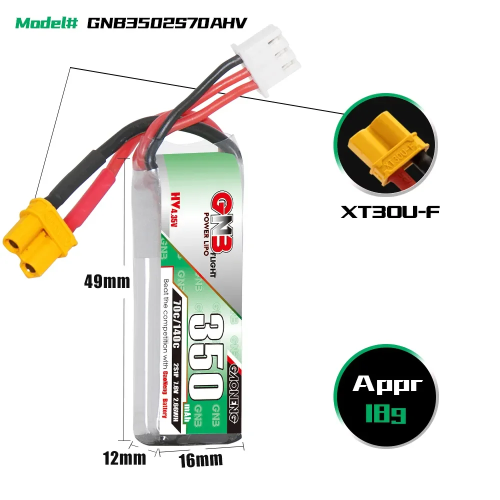 Gaoneng GNB 350mAh 2S 7.6V 70C LiHV Lipo Battery PH2.0 XT30 Plug For 1:28 RC Car Emax Tinyhawk II GEPRC TinyGo
