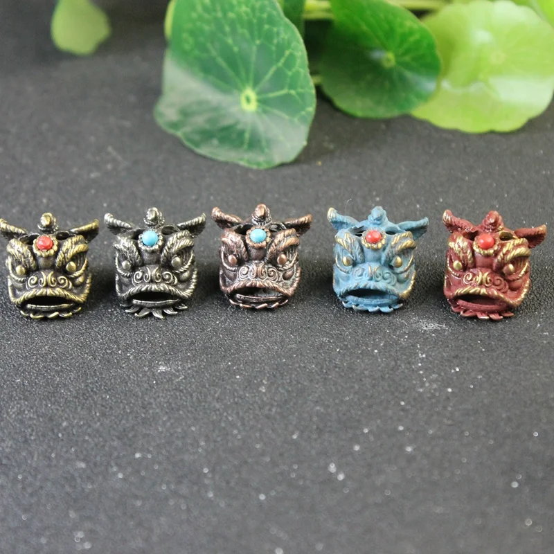 Chinese Ancient Palace Lion Head Knife Beads Vintage Brass EDC Outdoor DIY Paracord Woven Lanyard Pendants Jewelry Accessories - view 3