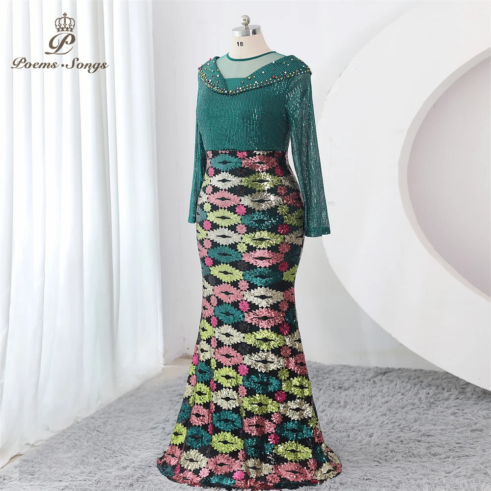 Elegant Sequins Mermaid long sleeve Evening dress Plus Size green party dresses woman Gown Maxi dress