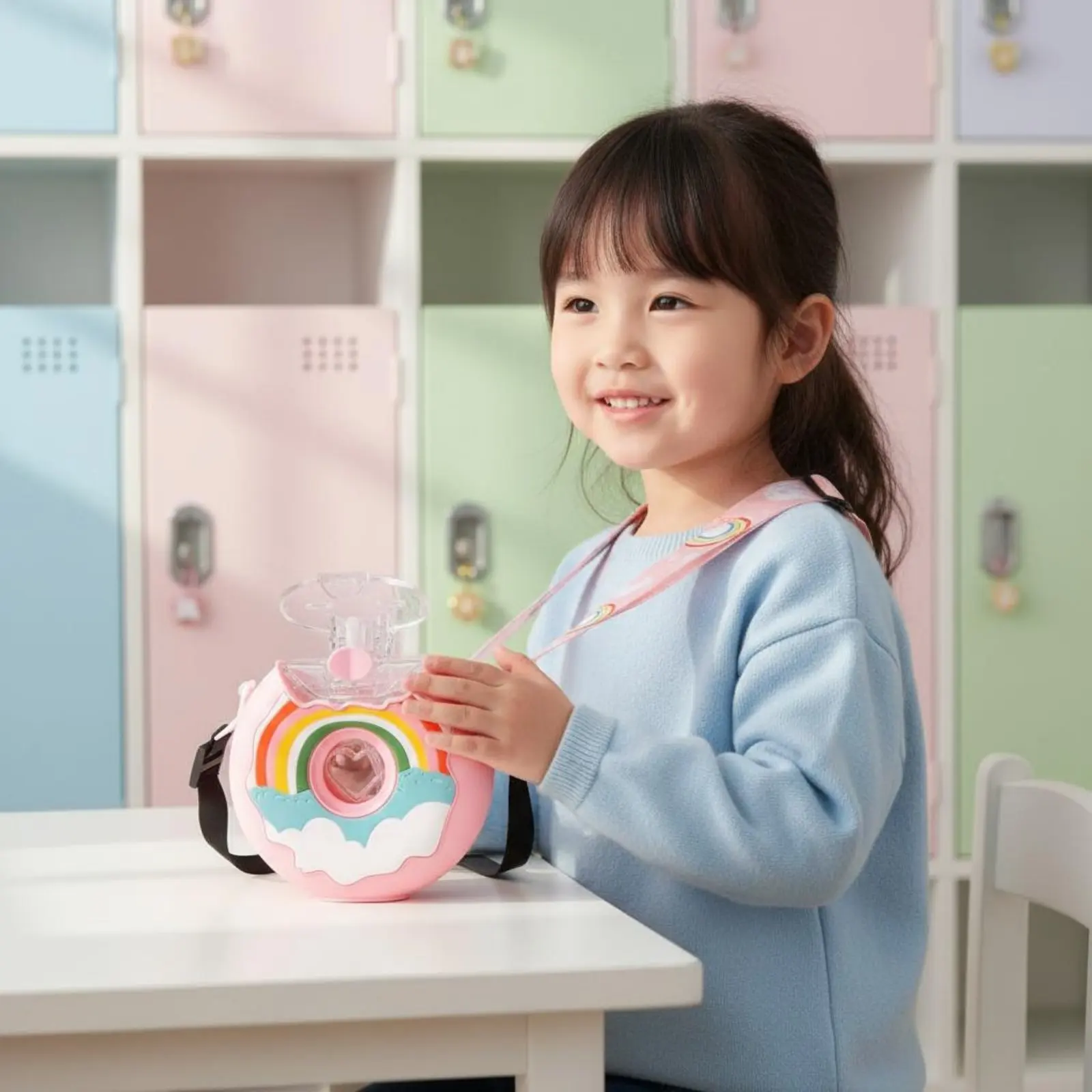 

Бутылка для воды в форме пончика из пищевого материала, с носиком в форме пончика, детская бутылка с соломинкой и ремешком, с однокнопочным открытием для школы