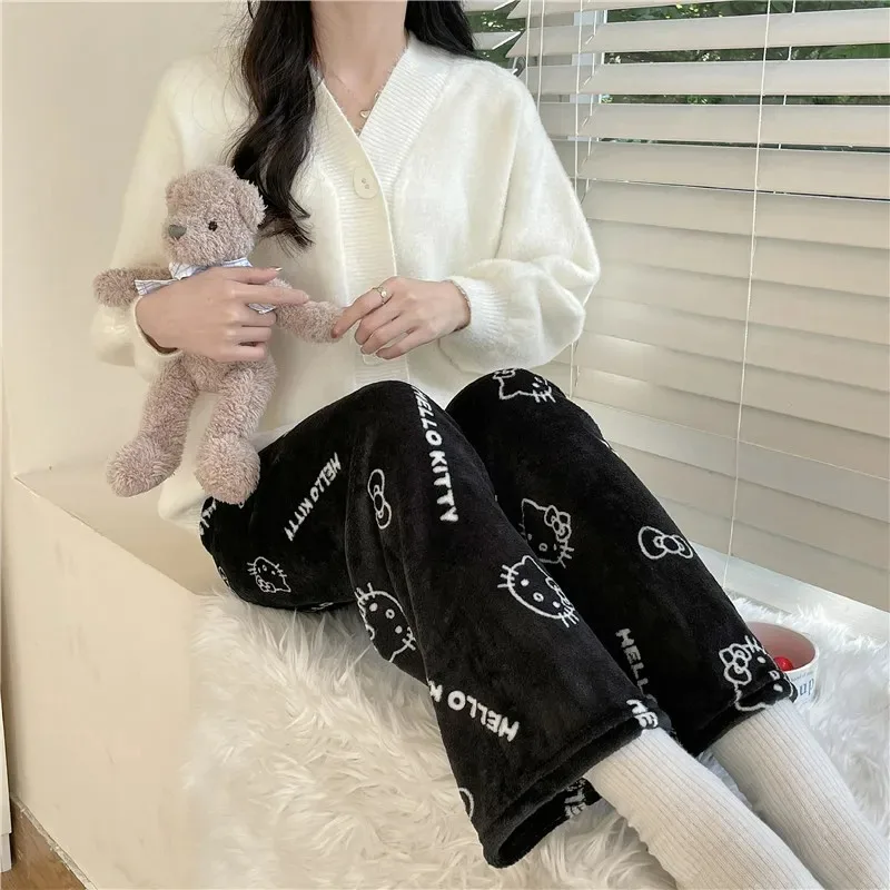 Hello Kitty Flannel Pajamas Cute Women\'s Warm Woolen Sanrio Cartoon Casual Home Pants In Autumn Winter Fashion Trousers