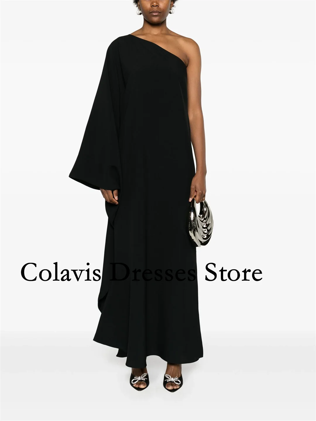 

2025 Индивидуальные платья на одно плечо с расклешенными рукавами, черные креповые платья для выпускного вечера, вечернее платье, женские вечерние платья, вечернее платье