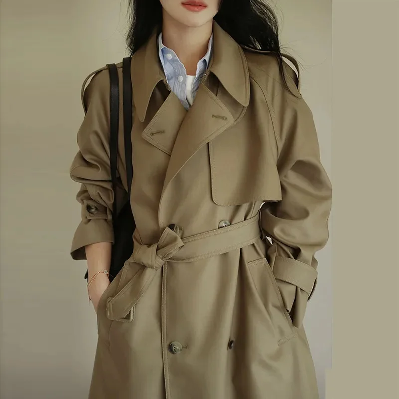 2024 New Medium Long Over-the-knee British Trench Coat Women Spring Autumn High-grade Double-breasted Collar Long-sleeved Coats