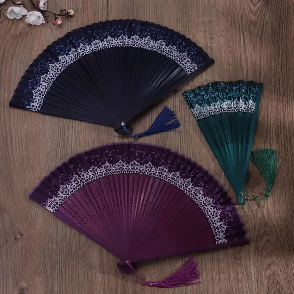 Chinese Hanfu Silk Folding Fan Color Changing Vintage Hand Fan with Tassel Bamboo Frame Dance Performance Photo Prop