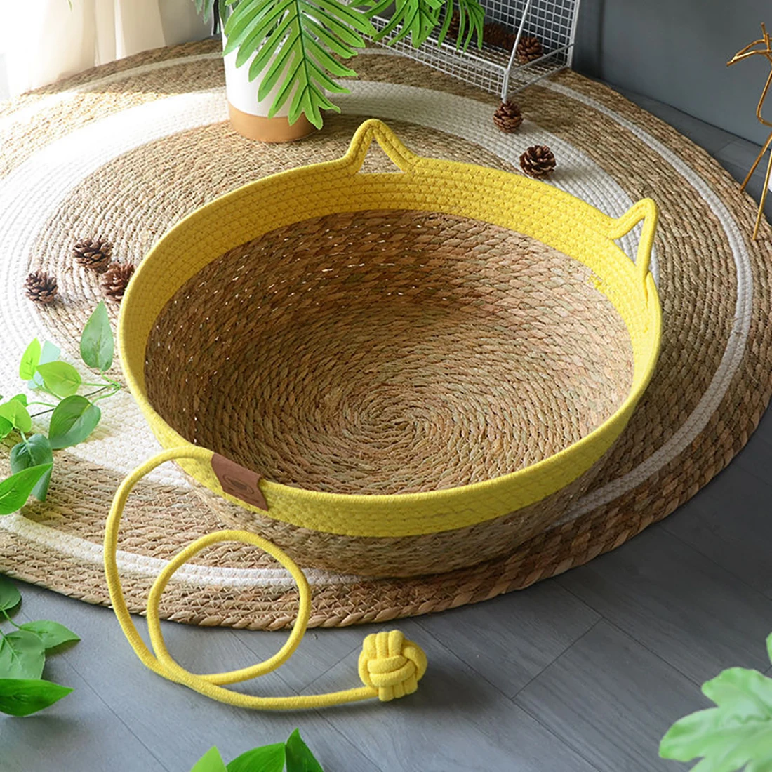 Cat Bed House Dog Kennel Rattan Straw Plaited Kitten Cushion Basket Tent Scratching Board Ball Puppy Nest Mat Indoor Pet Supply