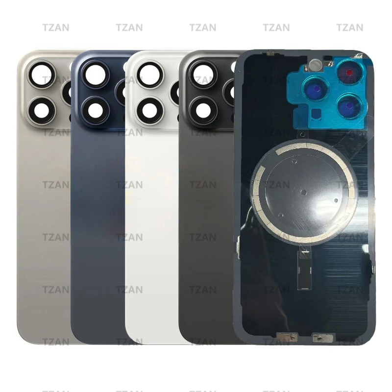 Panel kaca belakang iPhone 15 Pro, dengan lensa kamera pelat besi cincin logam magnetik penutup baterai pintu belakang bingkai sasis 100% diuji kualitas OEM