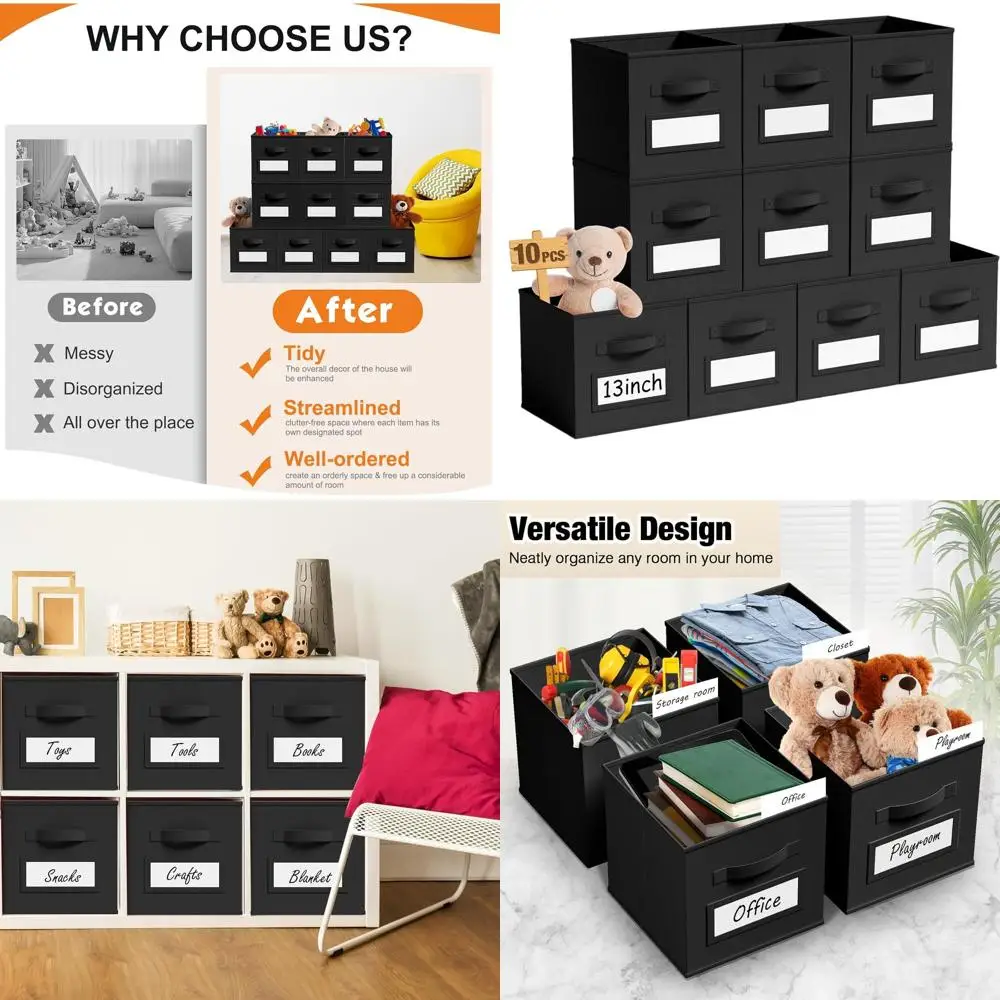 

13 Inch Collapsible Fabric Storage Cubes with Window Labels for Clothes, Books, and Toys Organization
