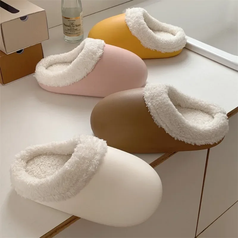 Simple solid color waterproof soft bottom cotton slippers girls winter indoor home warm plush velvet goose egg shoes