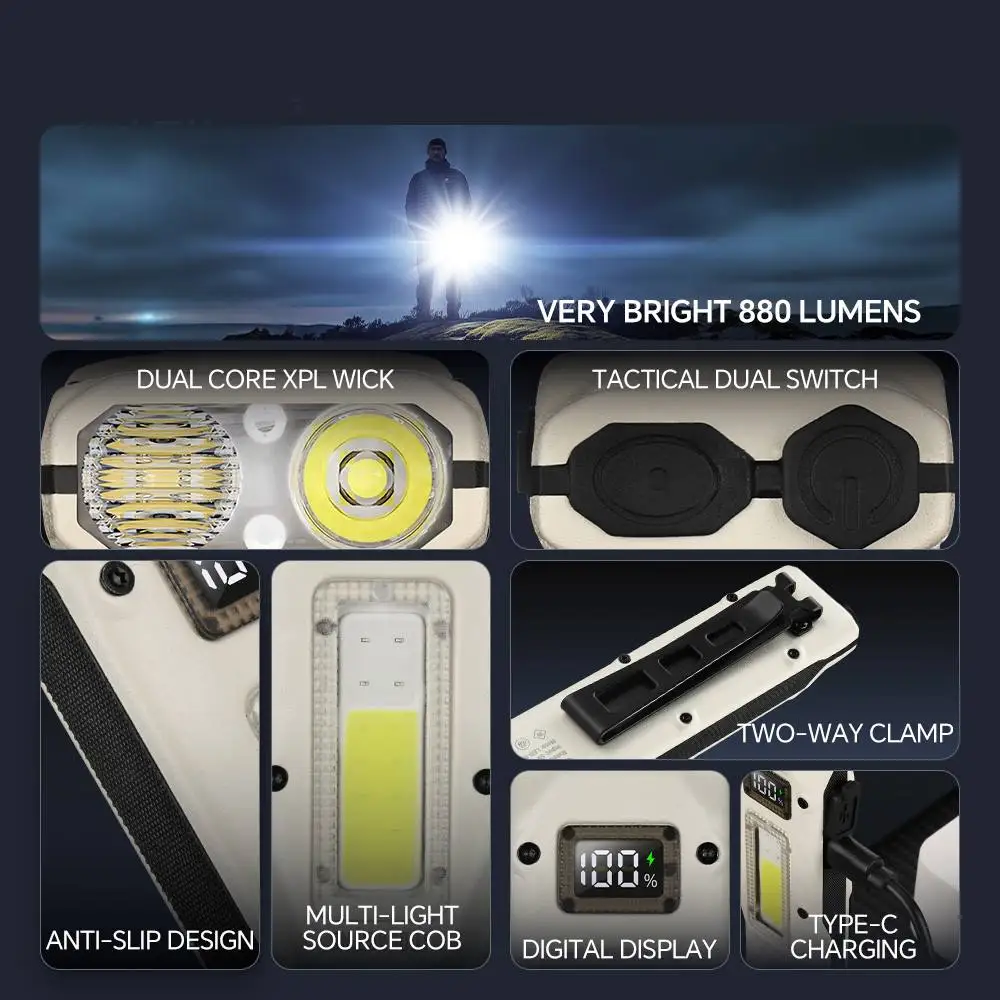 Multi Purpose Tactical EDC Flashlight USB Rechargeable Powerful Outdoor Torch Camping Hunting Fishing Portable COB Work Light