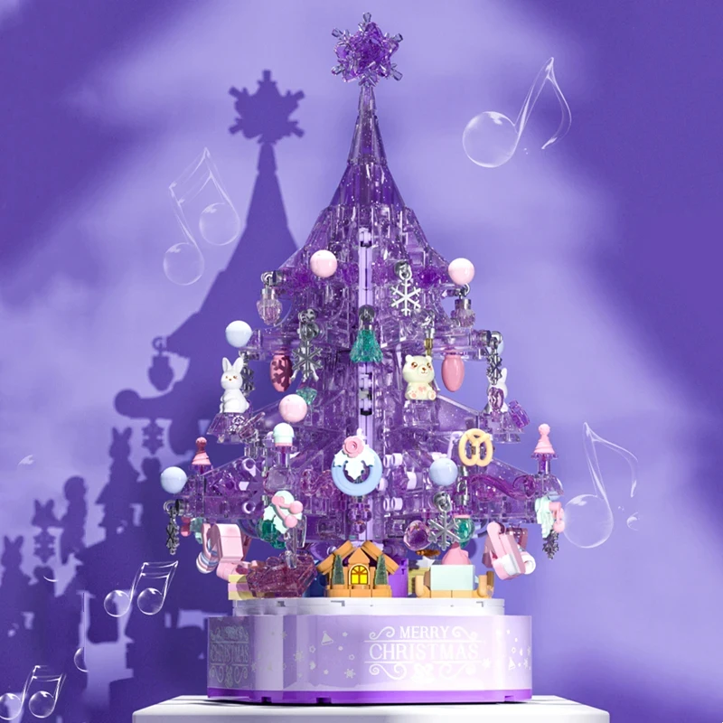 SEMBO-construcción del árbol de Navidad para niños, 729 piezas, cristal púrpura, ensamblaje de modelos, bloques de construcción, luces, caja de música, decoración del hogar, regalos para niñas, juguete