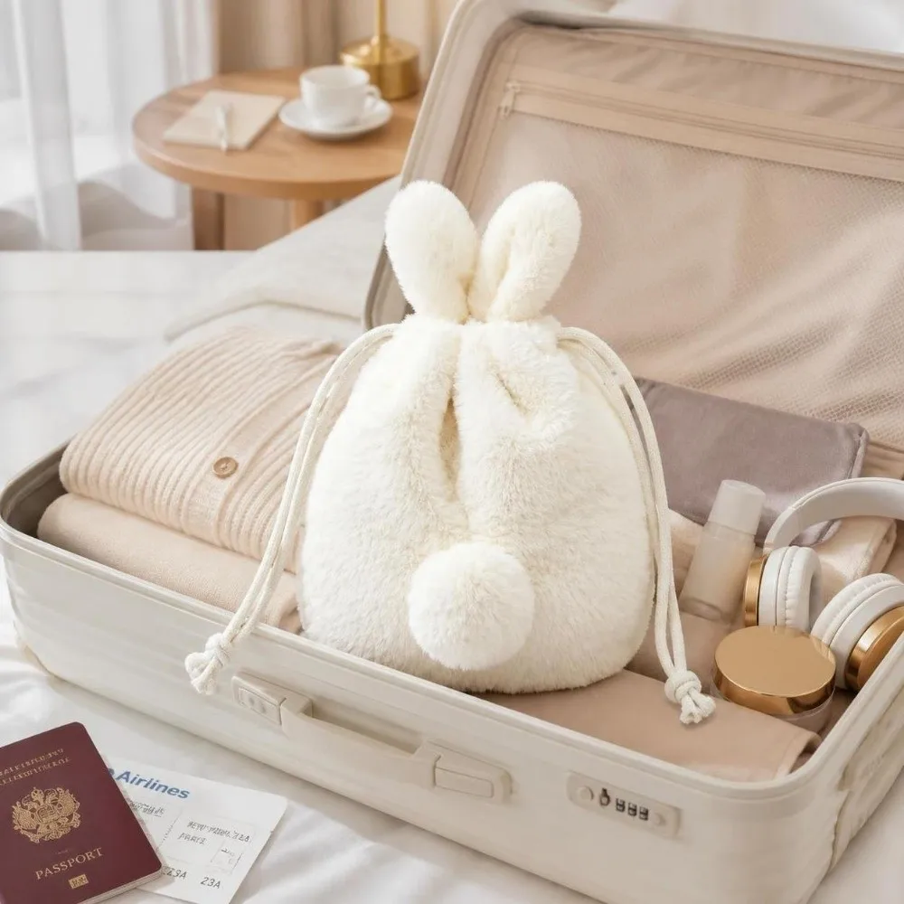 Fluffy Style Drawstring Storage Bag Multi-Functional Cartoon Design Bunny Plush Pouch Large Capacity Tail-Like Tassel