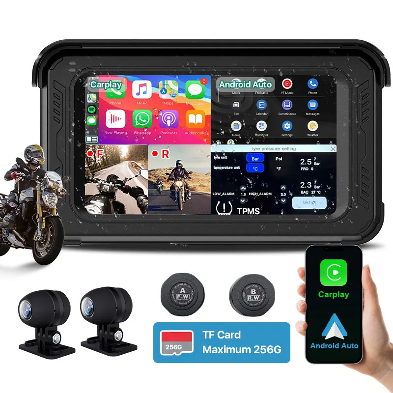 5 Inch Motorcycle Wifi Wireless  Carplay 2K/1080P IP65 Waterproof Camera GPS Navigation DVR  Bluetooth Android Auto