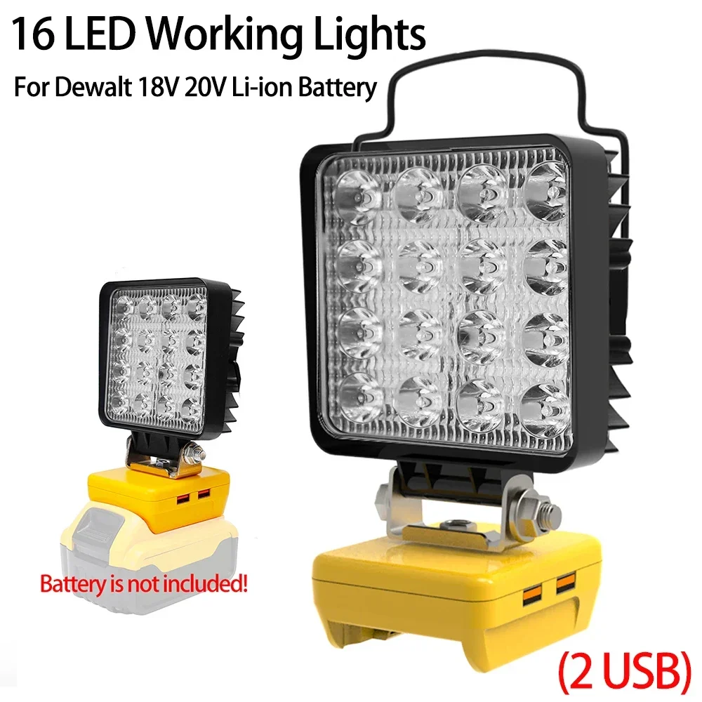 

16 LED Work Lights Flashlight Electric Torch Spotlights USB Power Bank For DeWalt 18V 20V Lithium Battery High Low Beam Control