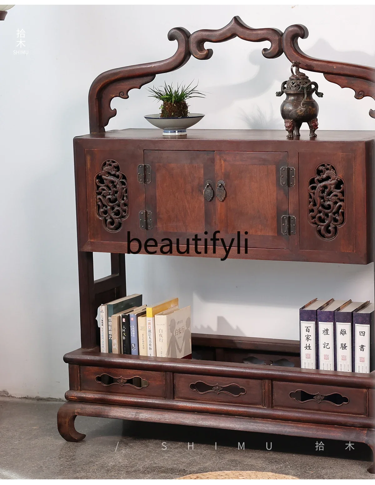 Bookcase Bookshelf Sutra Pavilion Solid Wood Chinese Cabinet Shelf Floor Ornament