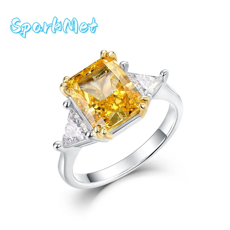 

SparkMet 10 карат 10x14 мм желтое кольцо ледяная огранка прямоугольные кольца с высокоуглеродистыми бриллиантами женские ювелирные изделия подарок S925 серебро