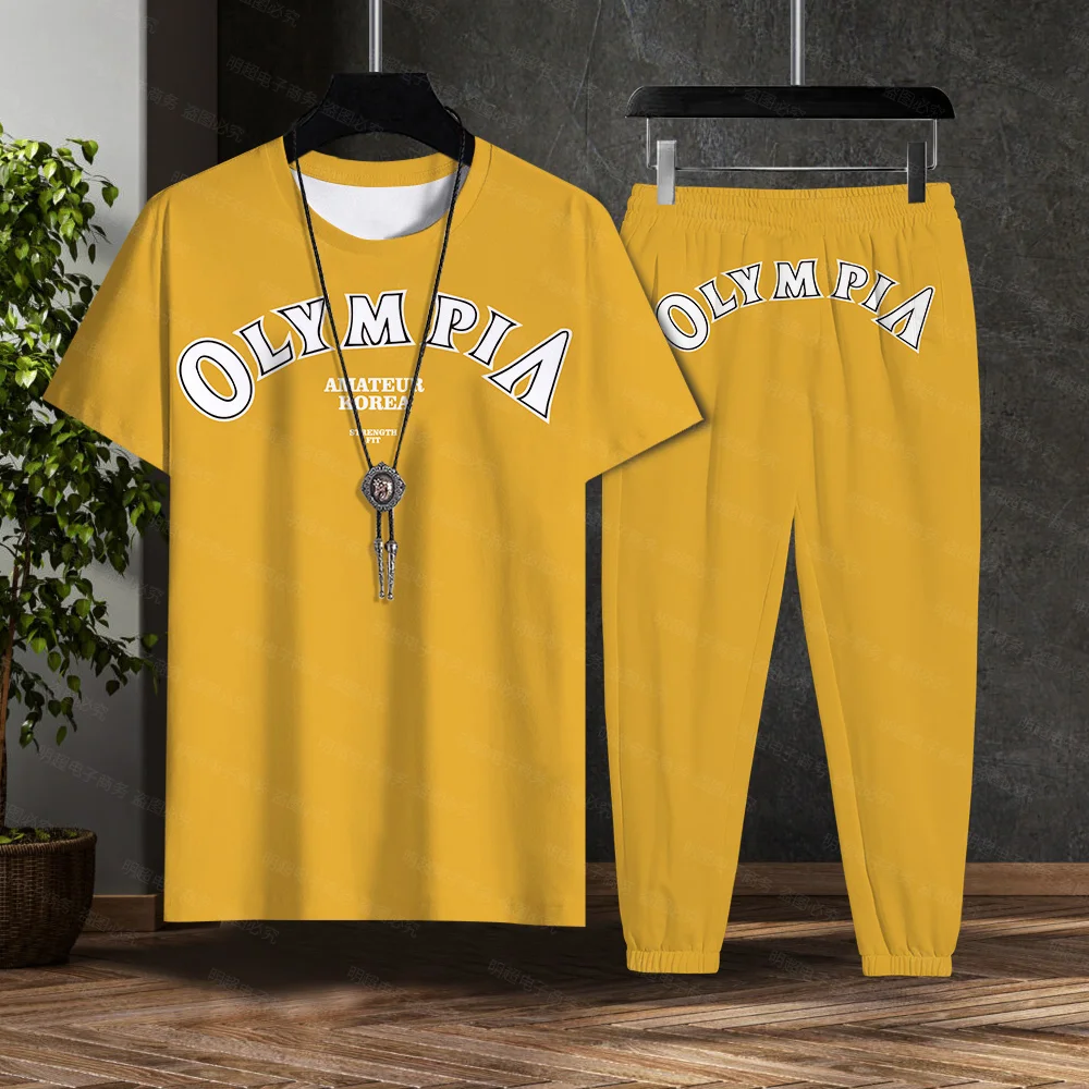 OLYMPIA High Quality Print Gym Shirt Sports T-Shirt Men Short Sleeve Running Trousers Set Workout Training Fitness Loose Plus Si