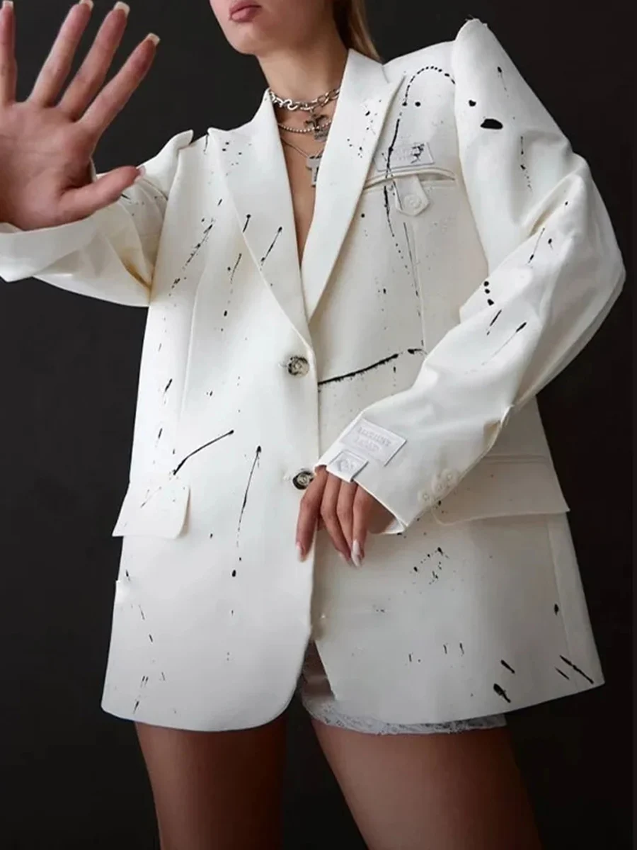 TWOTWINSTYLE Ink Splashing Print Fashion Blazer for Women Notched Collar Long Sleeve Hollow Out Design Loose Coat Female Autumn