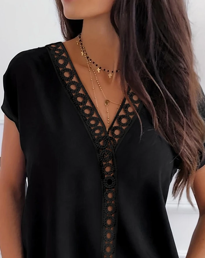 2024 Summer Fashion Women's Blouse Tops Elegant Solid Color V-Neck Embroidery Hollow Out Short Sleeve Shirt Casual Daily Top