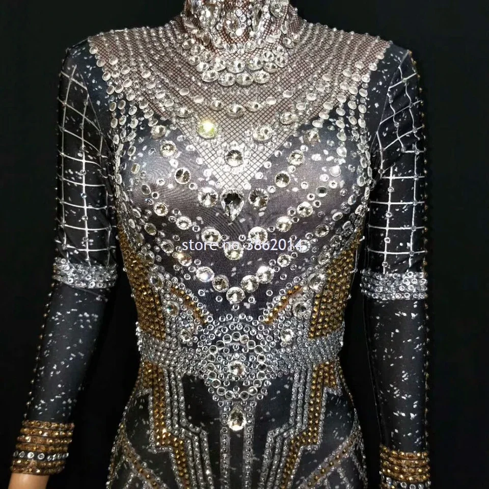 Sparkly Rhinestones Crystal Jumpsuit Women Long Sleeve Spandex Nightclub Bar Prom Party Outfit  Singer Jazz Dance Stage Costume