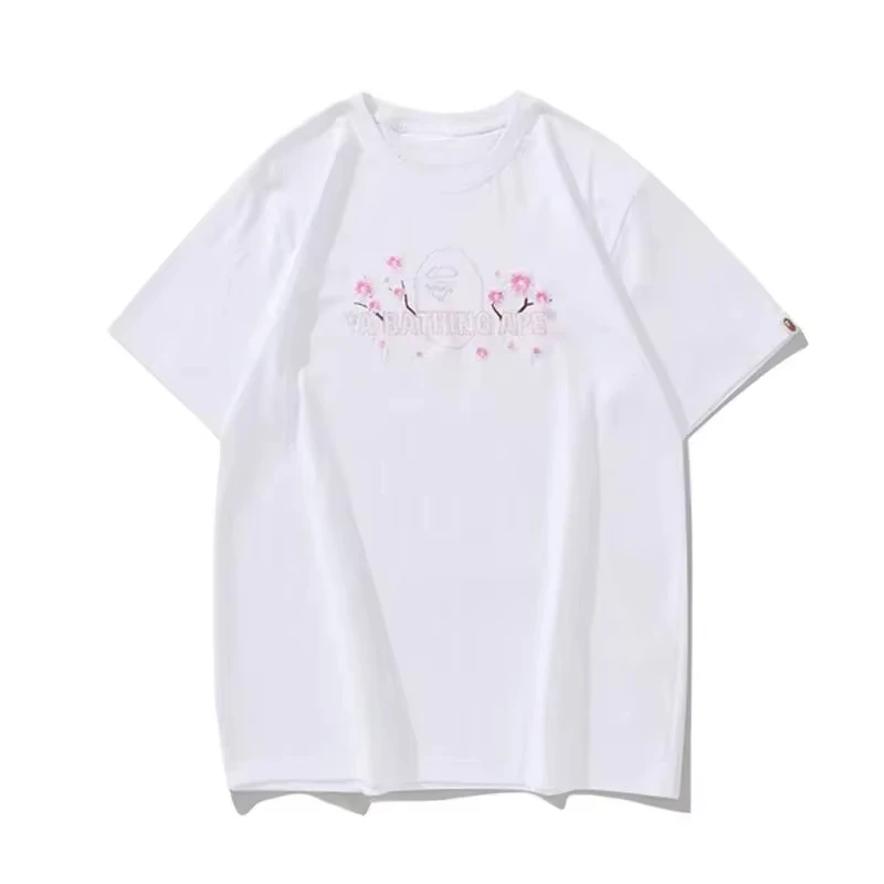 2025 BAPE Short-sleeved Men's Printed Cherry Blossom Simple and Versatile Summer Loose Cotton Couple Teen Trendy T-shirt Y2K