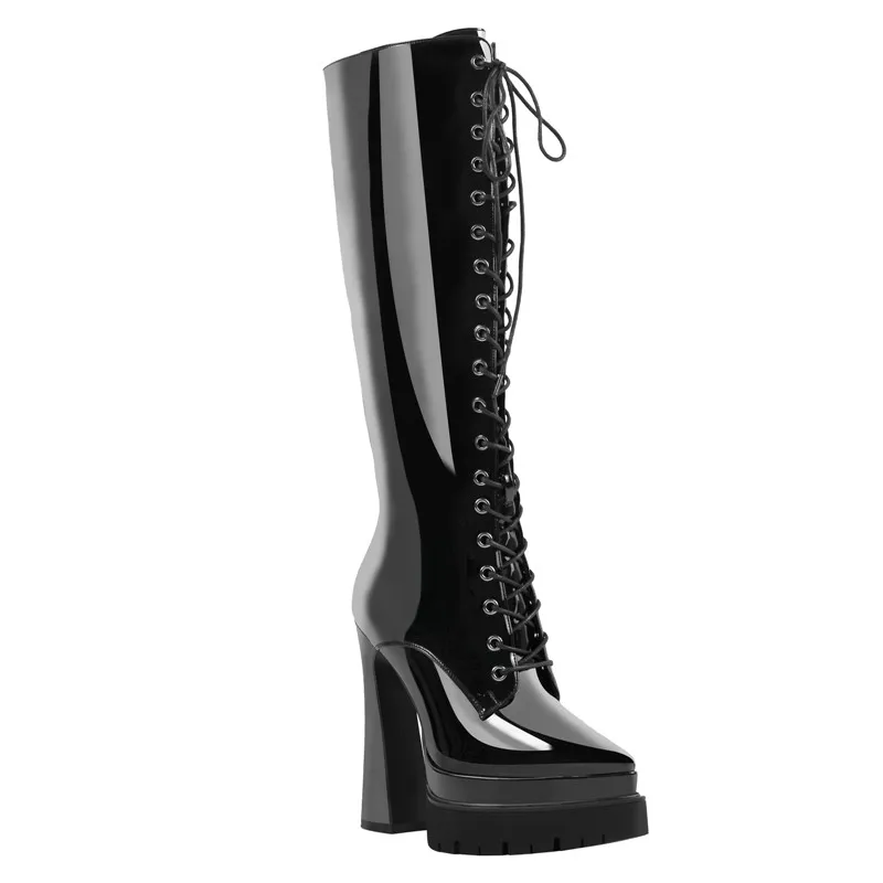 Onlymaker Woman Pointed Toe Platform Black Zipper Knee High Boots High Heel Pattern Lace Up Big Size Female Boots