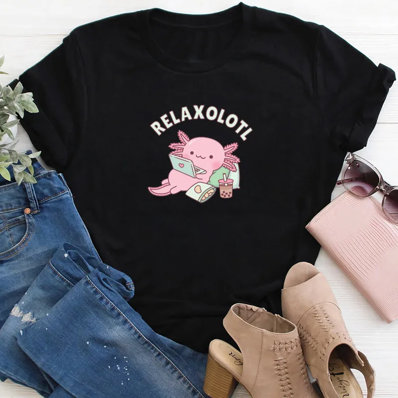 Cute Relax A Lot Axolotl Funny Pun t-shirt donna magliette grafiche stampate o-collo manica corta divertente Cartoon top Tee abbigliamento