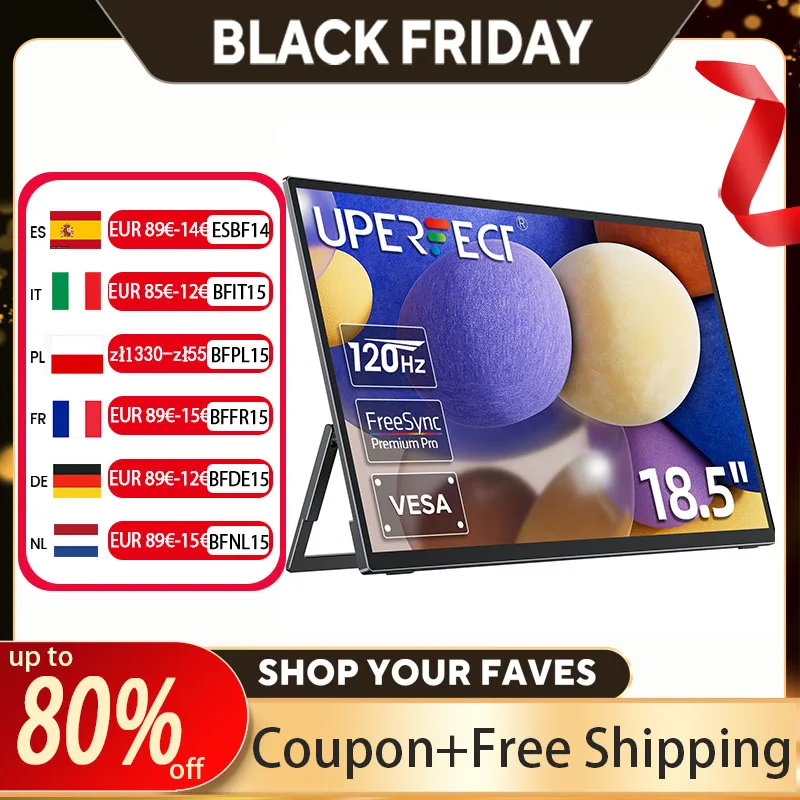 UPERFECT-Monitor portátil de 18,5 pulgadas, pantalla IPS para PS5, XBOX 1080P, 120Hz, para juegos, para ordenador portátil, USB Dual C, HDMI