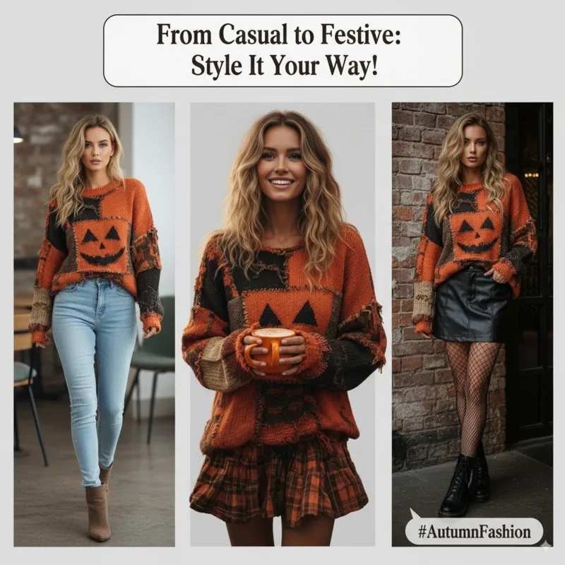 

Halloween Pumpkin Sweater Women Autumn Winter Eur American Casual V-neck Top Off Shoulder Women's Hoodie Faux Fur Loose Top New