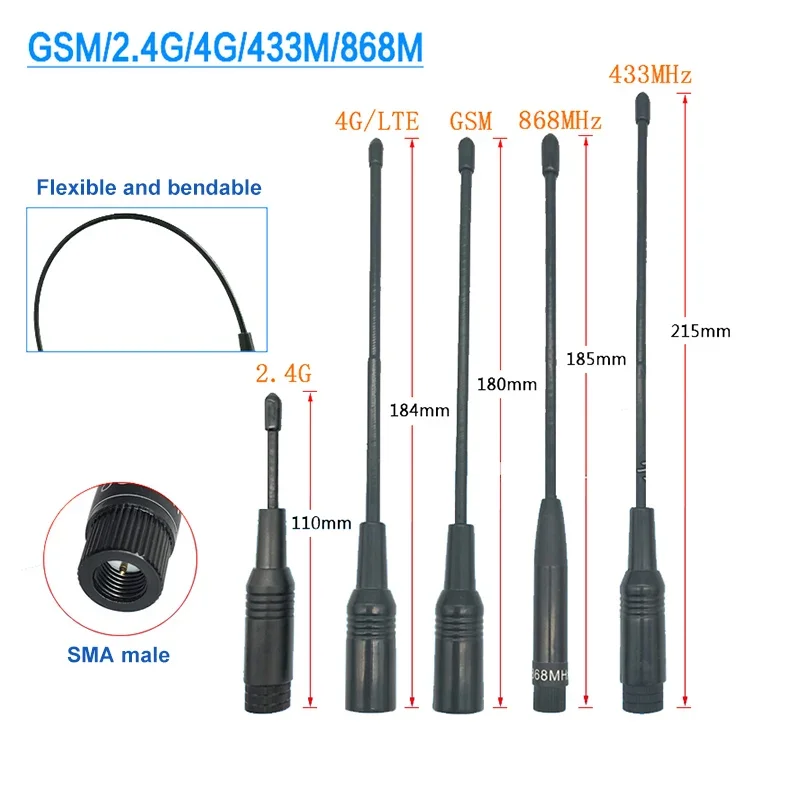 

1Pcs 4G LTE GSM 433Mhz 2.4Ghz 868Mhz 915Mhz 170Mhz 230Mhz 315Mhz Antenna Flexible Soft rubber Antenna Bendable SMA male