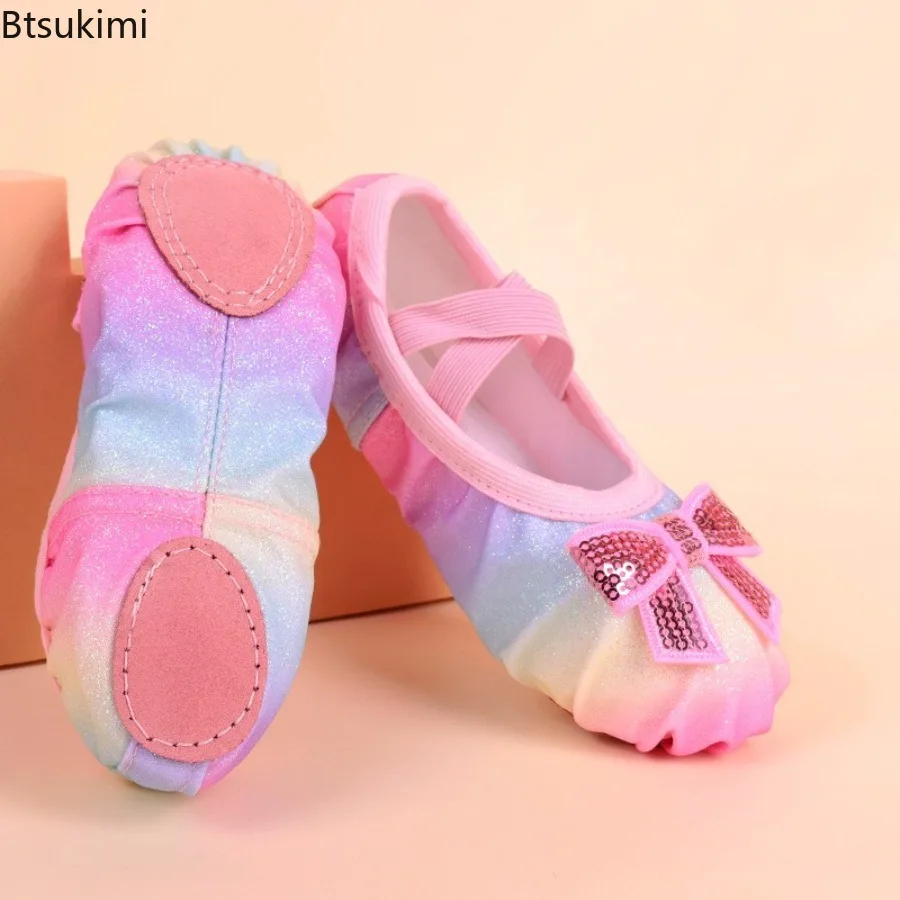 

Girls Bowknot Ballerina Shoes Children's Fashion Ballet Gradient Flat Shoes Rainbow Glitter Soft Soled Practice Cat's Paw Shoes