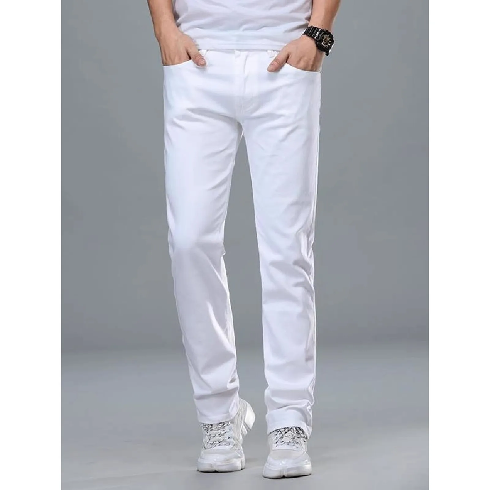 Pure White Men's Jeans Loose Casual Thin Style Spring Autumn Long Pants Elastic Trendy Brand Korean Version Men's Clothing