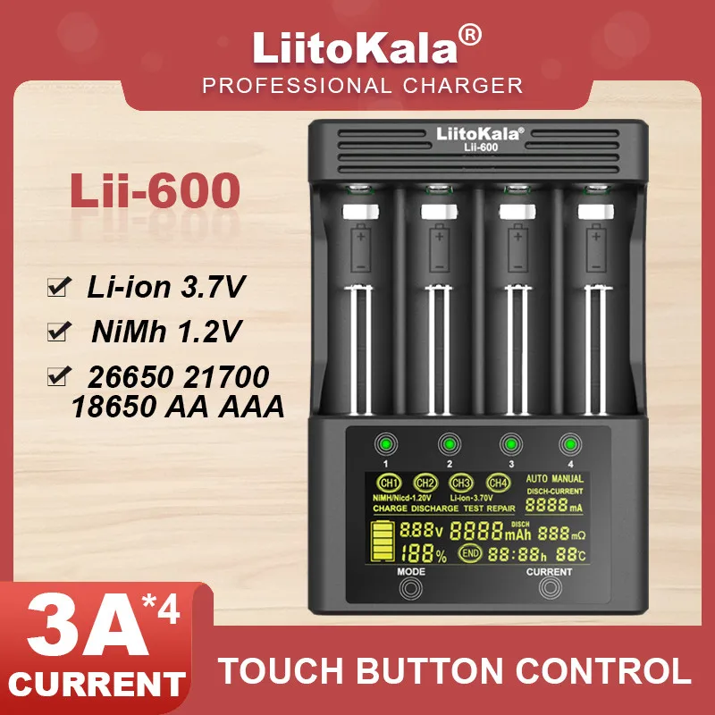 

LiitoKala Lii-600 Lii-500 Lii-500S 18650 Battery Charger Li-ion 3.7V and NiMH 1.2V 26650 21700 26700 AA AAA SC C Capacity test